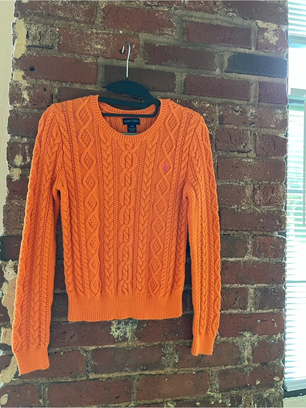 Ralph Lauren Orange Cable-Knit Crewneck Sweater Blue Label size 12/14 Girls